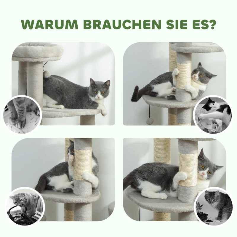 Katzenbaum 114 cm, Katzenturm mit Höhle, Sisalpfosten, Plattform, mehrstufig, für mittelgroße Katzen unter 6 kg, hellgrau, On-Site – Detail 7