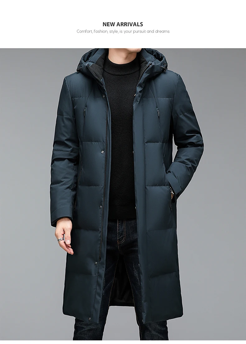 2026 winter long style Men's 90% White Duck Down coat warm Down Jackets hat detachable fashion Men thicken Jacket size M-5XL