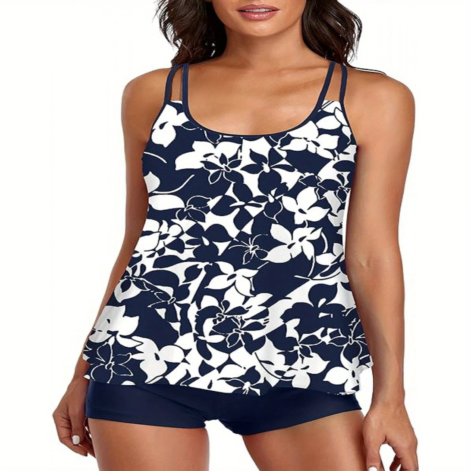 Two Piece Womens Loose Fitting Tankini Swimsuit-High Stretch, Tummy Control, Crew Neck, Random Print, Sleeveless, Nylon and Sp