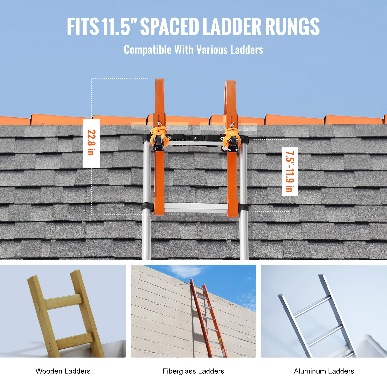 Ladder Roof Hook Orange/Black Heavy Duty Steel Stabilizer Ridge Extension Rubber Grip T-Bar 500 lbs