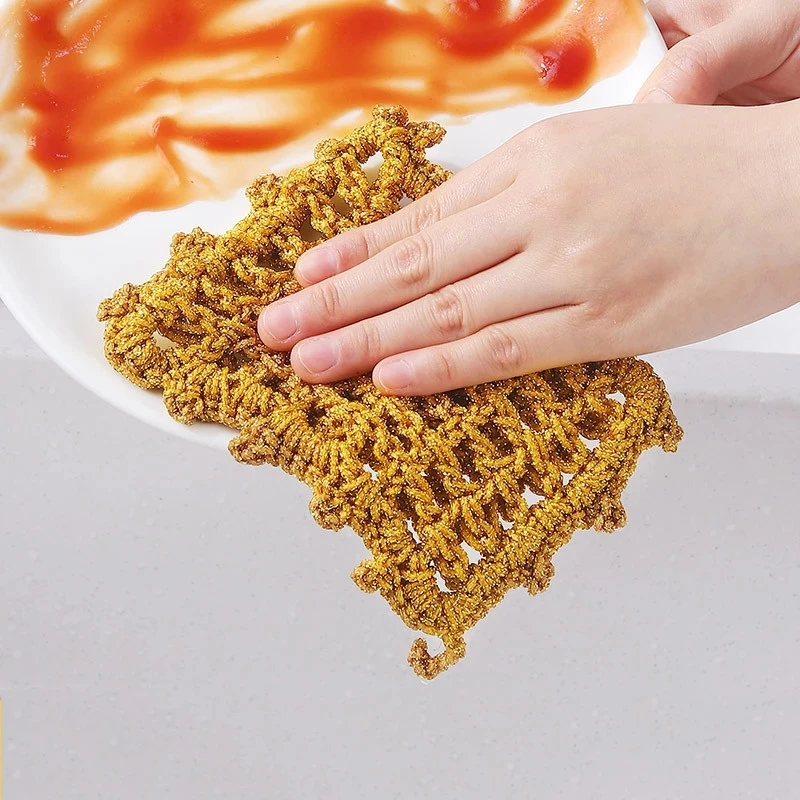 

Gold Thread Dish Towel Mesh Non-stick Oil Decontamination Dish Towel Double-layer Scouring Pad Kitchen Pot Cleaning Gadget