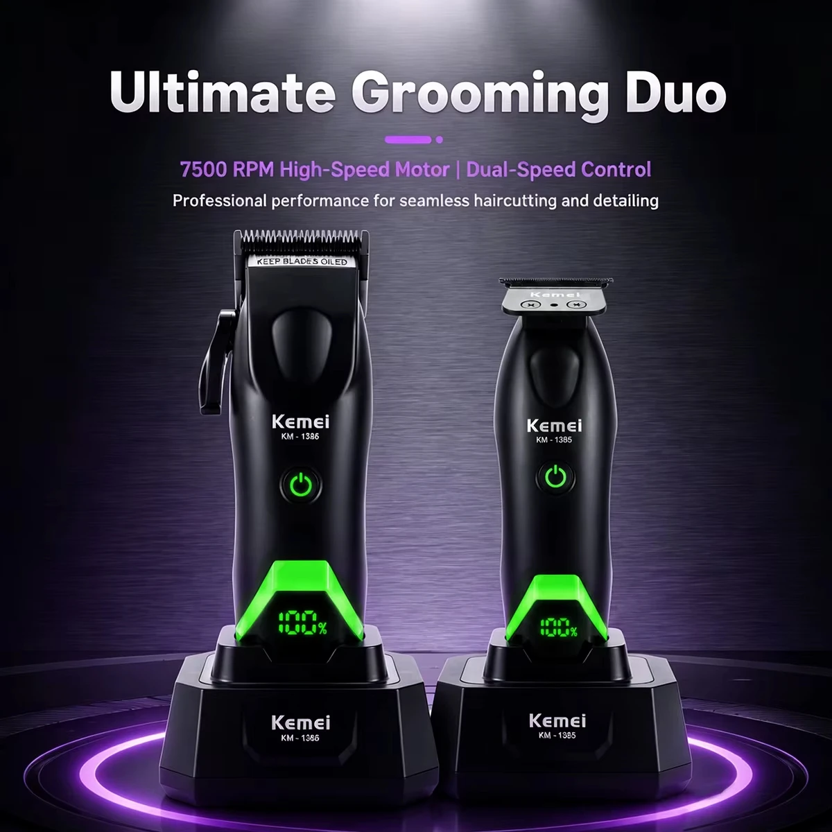 KEMEI 1386/1385 Professional Hair Clipper – Designed for Barbershops and Salons; Features Zero-Gap Blade for Fading, Detailed Styling, and Anti-Snag Performance