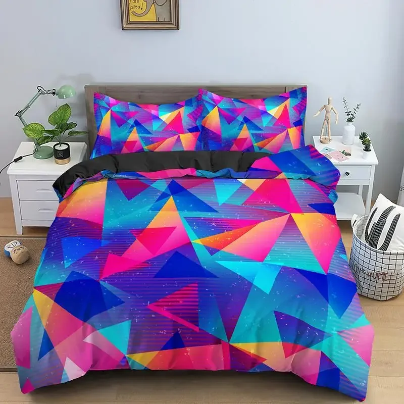 

Geometric Duvet Cover Set Retro Morden Color Neon King Queen Quilt Cover Pillowcase 2/3pcs Psychedelic Polyester Bedding Set