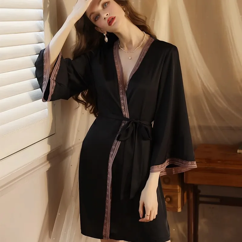 Nightdress SolidColor ThinSexy Fashion Casual Lace Stitching Silk Two-Piece Women's Summer Cardigan Coat Morning Sling Home Wear