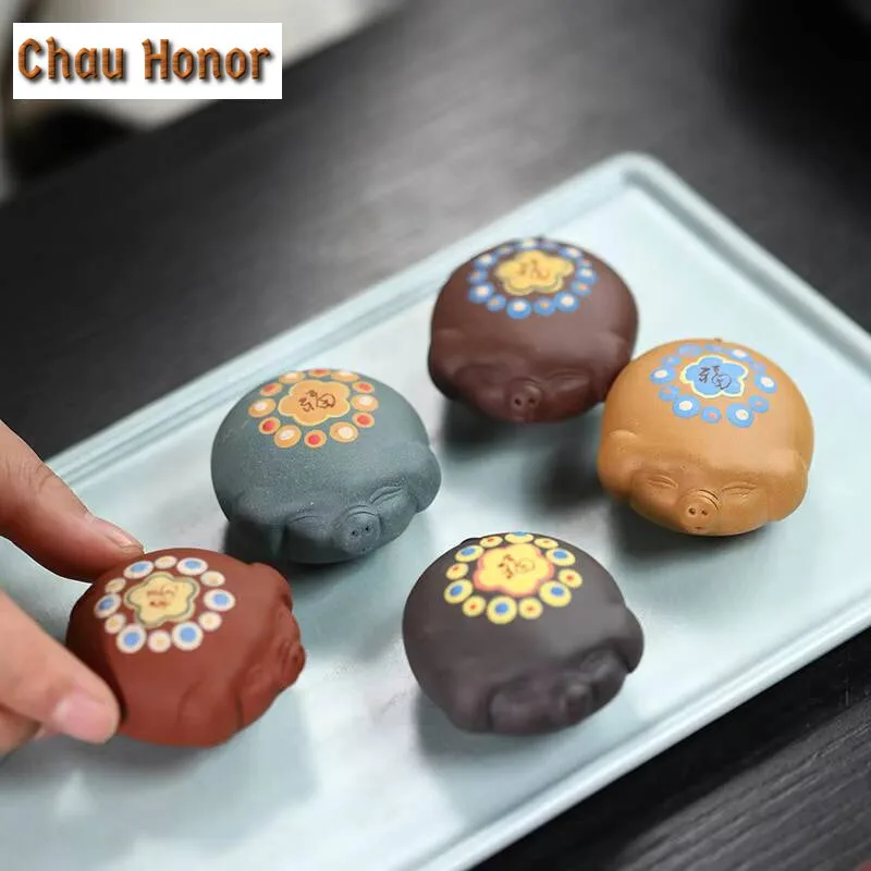 Handmade Small Pig Head Purple Sand Tea Pet Antique Tea Figurine Tea Ceremony Tea Zisha Statue Tea Services Equipment Decoration