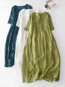 Loose Cotton Linen Dr Japanese Sle Artistic Gauzy Drapy Midi Svel Long Skirt Vintage V-ne A-line Summer Dr 1