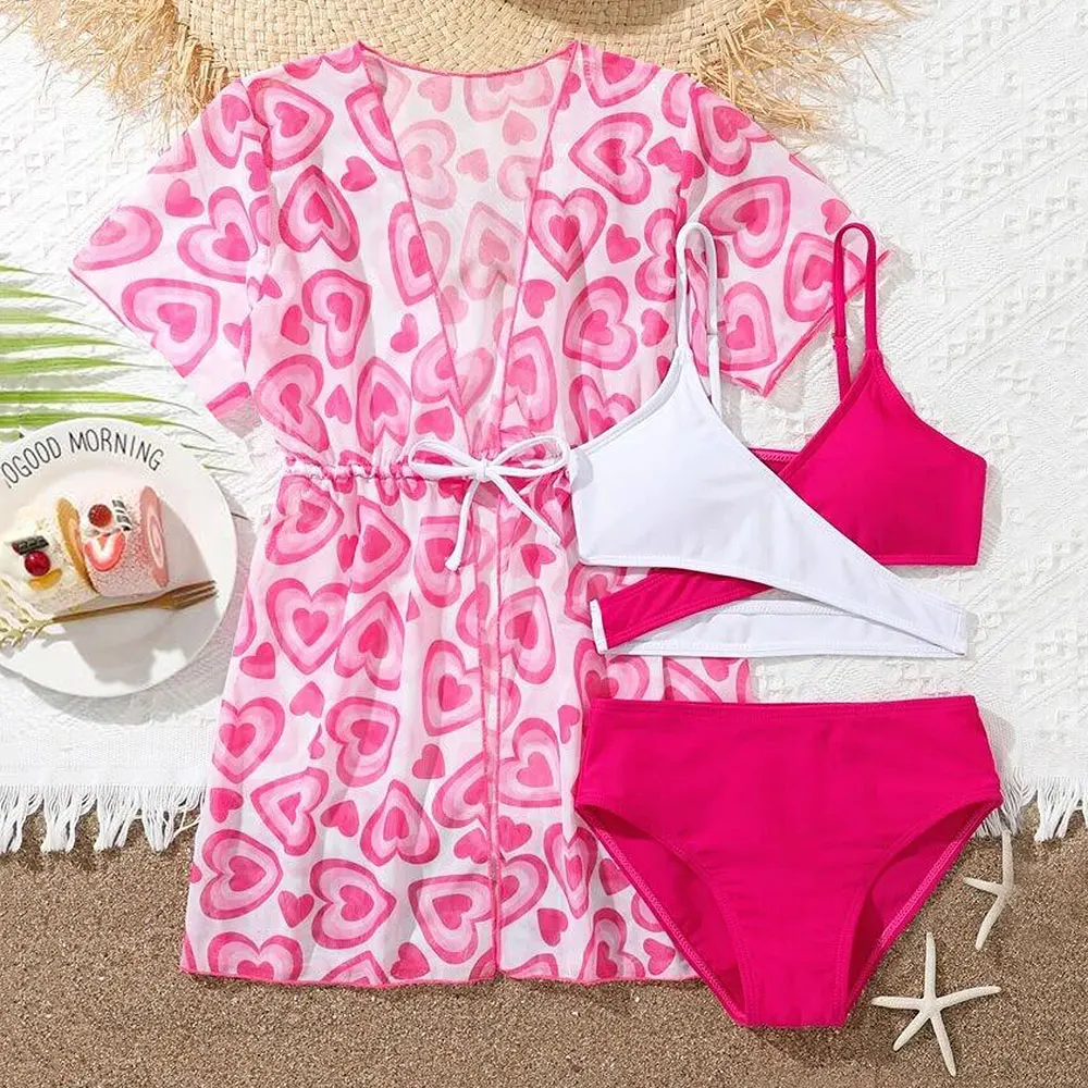 Girls 3pack Heart Print Cross Wrap Bikini Swimsuit&Kimono 714 Years