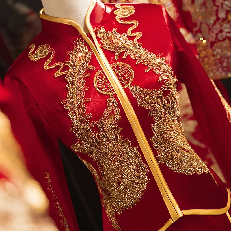

Свадебное платье ретро красные блестки вышивка бисером Qipao Китайский Чонсам для невесты потрясающая одежда