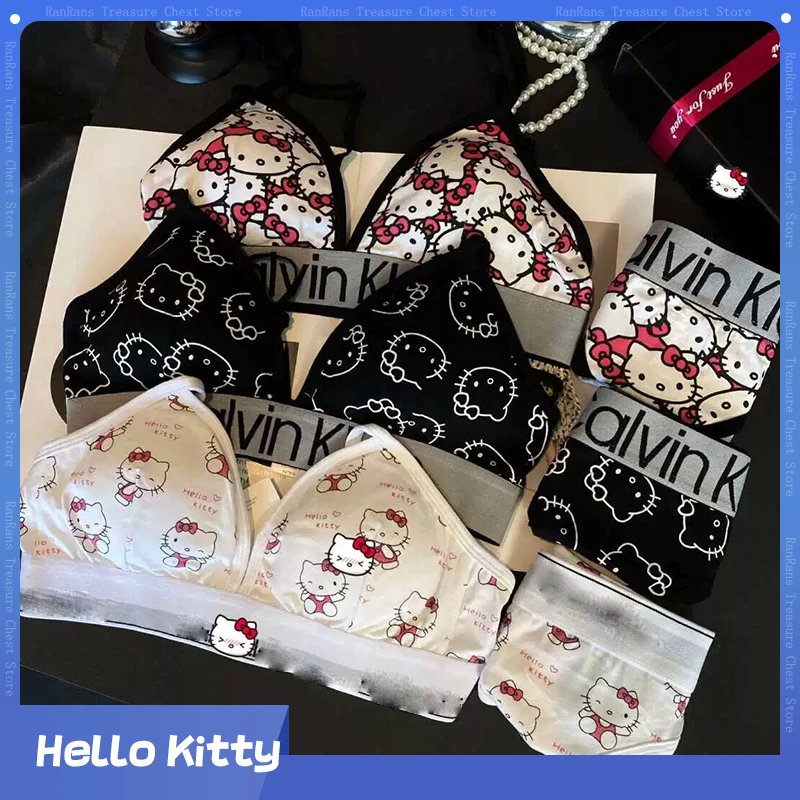 

Женский комплект с бюстгальтером Hello Kitty, сексуальные хлопковые стринги, бюстгальтер, хлопковые трусики, милая Свободная Женская пижама, комплект из двух предметов для пар