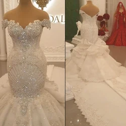 Gorgeous Beading Mermaid Wedding Dresses Bridal Gowns 2022 Lace Appliqued Off The Shoulder Tiered Sweep Train Arabic robe de
