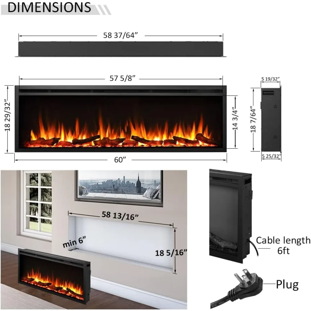 Heating, Cooling & Vents Wall Recessed & Wall Mounted Electric Fireplace (60"), Fireplaces 6