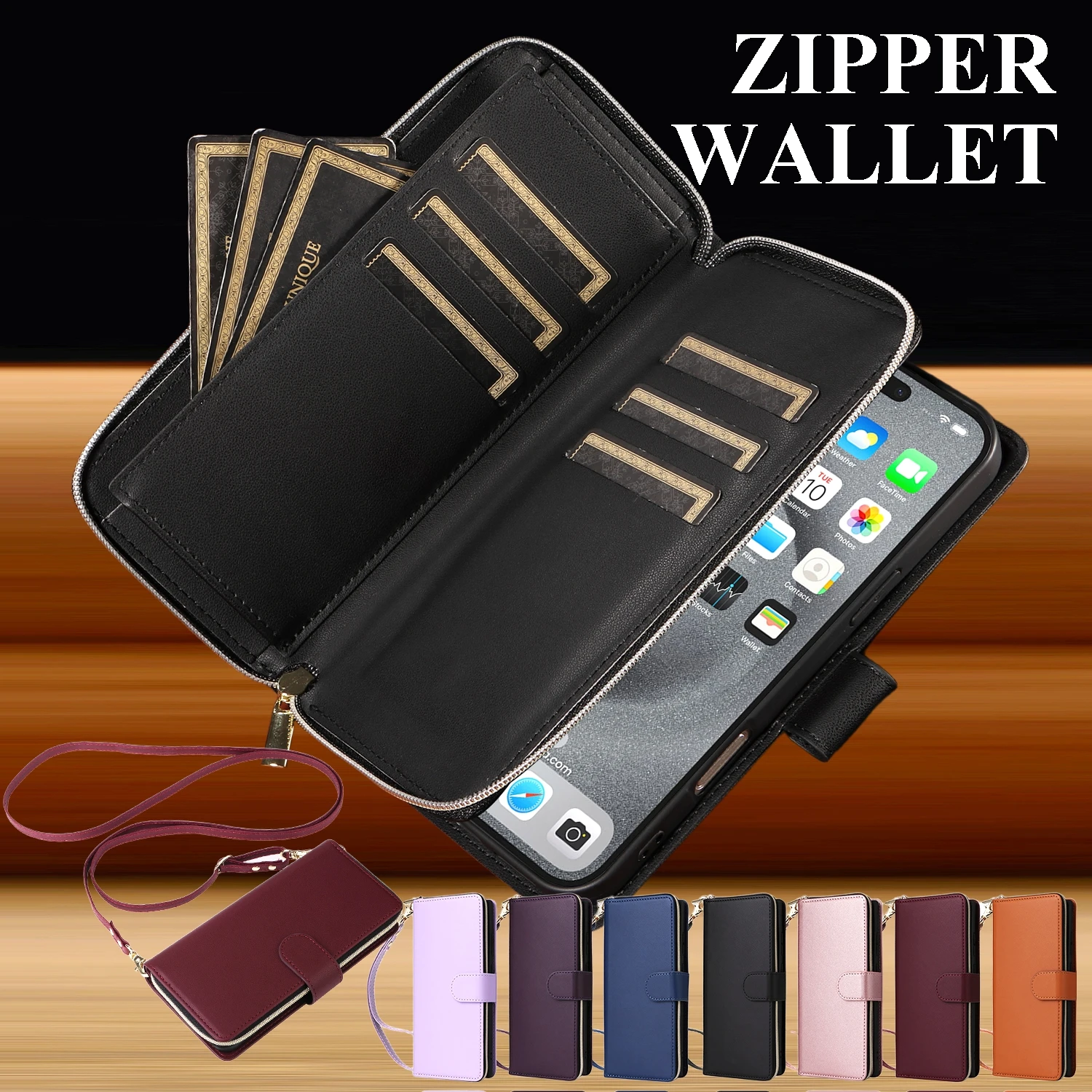 Deluxe Leather Flip Wallet Case with Long Lanyard and Cardholder