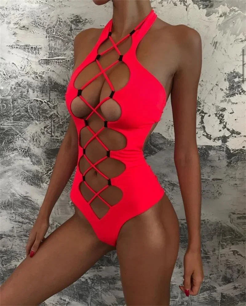 

Hollow Out Swimwear Women 2024 High Neck Solid Black Cut Out Backless Monokini Bandage Bathing Suit Holiday One-Piece Swimsuit