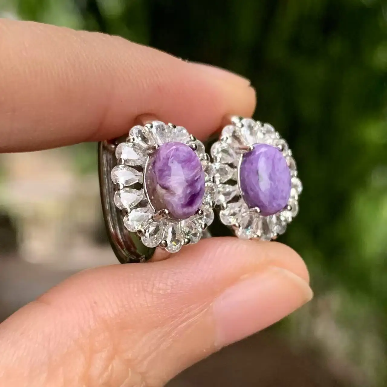 Vintage Natural Charoite Hoop Earrings Simple Classic Round Circle Gemstone Jewelry Handmade