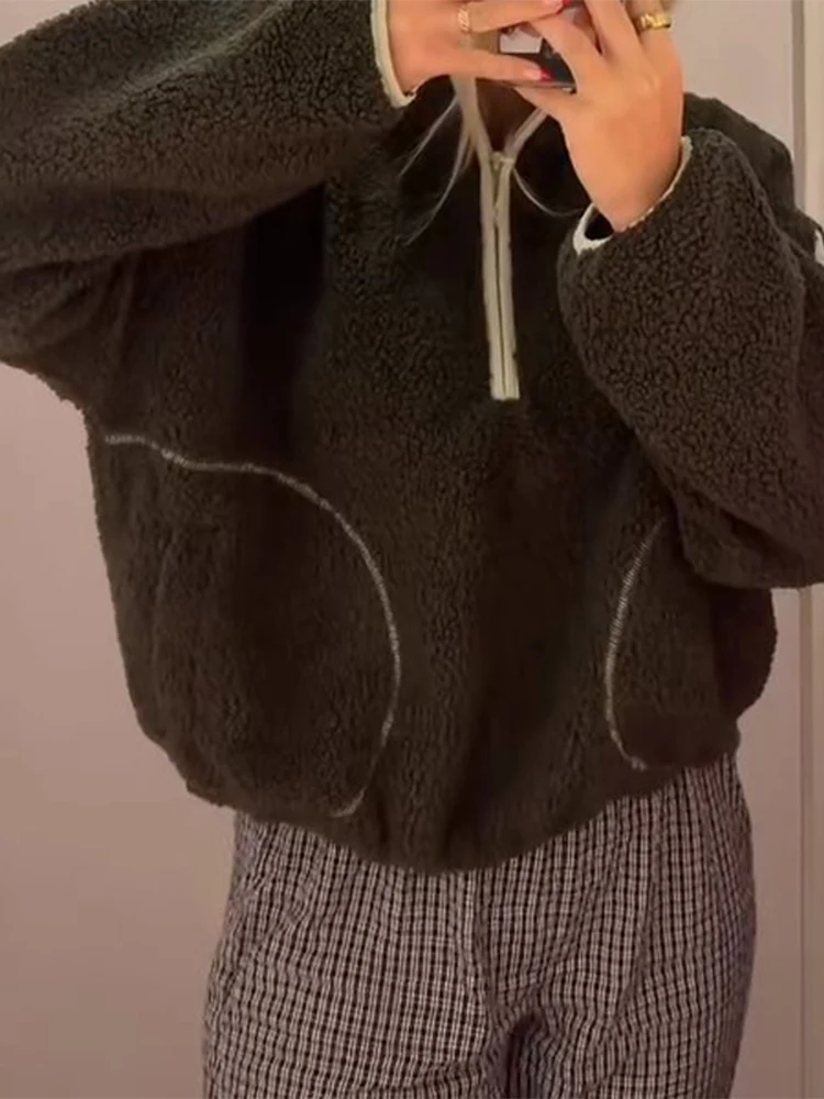 Getäfelter Sherpa-Hoodie mit halbem Reißverschluss, Damenmode, Umlegekragen, lange Ärmel, übergroße Bombermäntel, frühes Frühjahr, neue Oberbekleidung – Detail 2