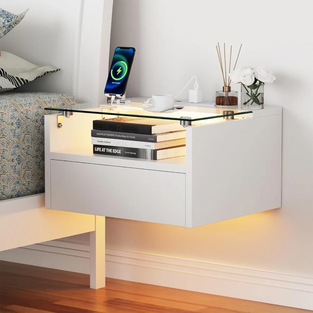

Floating Nightstand with Charging Station, LED Nightstand Set of 2 and Night Stand with Drawer, Bedroom White Nightstand