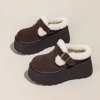 Women's High Platform Slippers 7CM Wedge Shoes Women's Outside Leather Casual Chunky Sneakers Breathable Cotton Slippers - Image 3