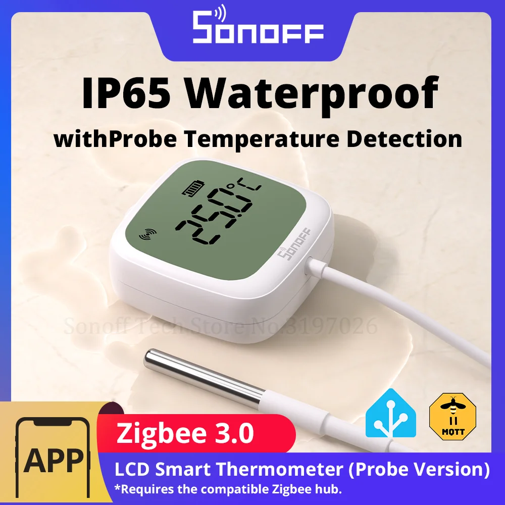 SONOFF SNZB-02LD Zigbee3.0 LCD สมาร์ทเครื่องวัดอุณหภูมิพร้อม Probe IP65 กันน้ําสําหรับตู้เย็นสระว่ายน้ําถังปลา Wine Cellar ผ่าน ZBBridge-P 1