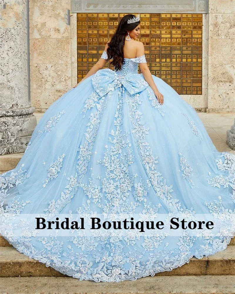 Sky Blue Ball Gown Quinceanera Dresses Bow Off Shoulder Beaded Appliques Sequins Sweet 16 Dress Vestidos De 15 a&ntilde;os