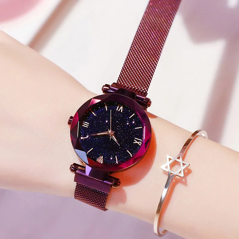 Womens Quartz Watch Fashion Starry Sky Magnet Buckle Mesh Belt Diamond
