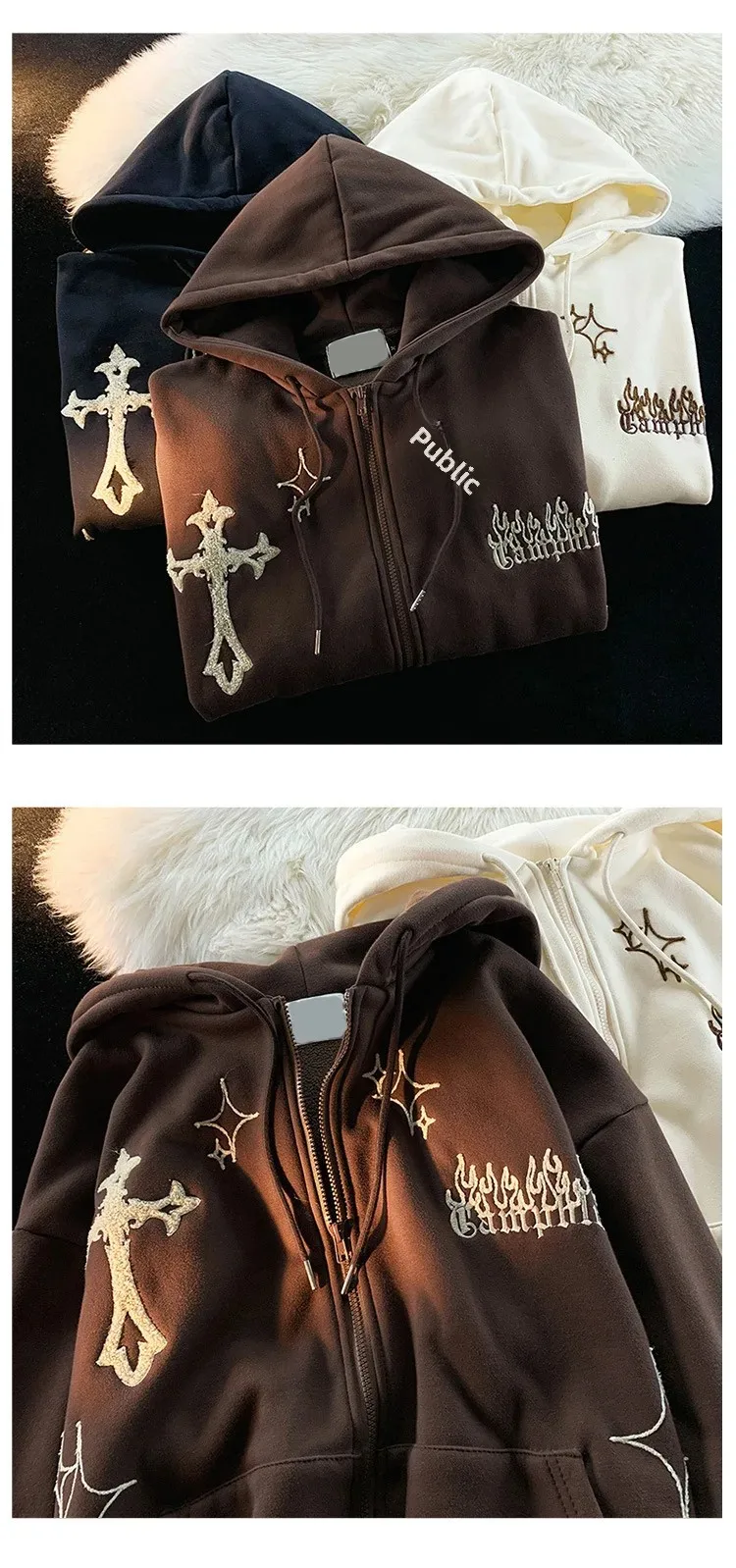 Description Picture 5 of itemAmerican Style Retro Open Cardigan Sweatshirt Fun Embroidery Oversize Couple Loose Hoodie Women Autumn Winter Outerwear