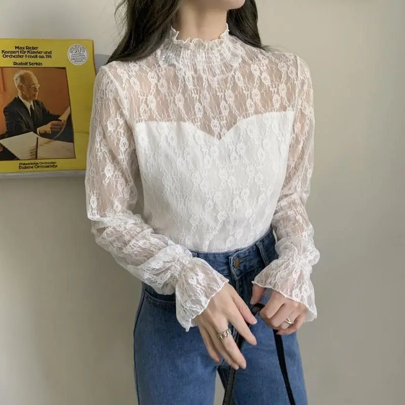 Elegant Solid Color Spliced Lace Hollow Out Blouse Women's Clothing 2023 Spring New Warm Casual Pullovers All-match Sweet Shirt