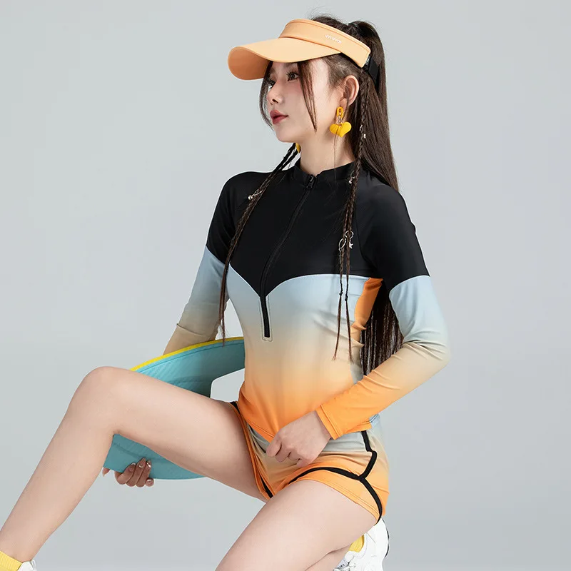 Long Sleeve Rash Guard Women Colorblock Two Piece Swimsuit Crop Top Swimwear High Neck Bathing Suits Zipper Surfing Suits Shorts