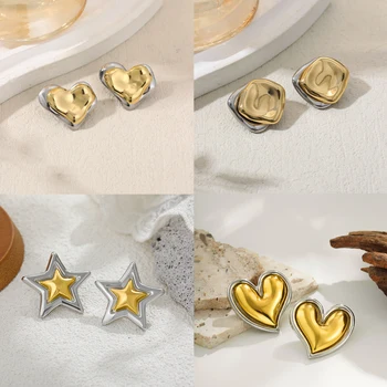 2025 Exaggerated Two Color Heart Earrings Trend Prom Accessories Geometric Double Layer Stainless Steel Stud Earrings for Women