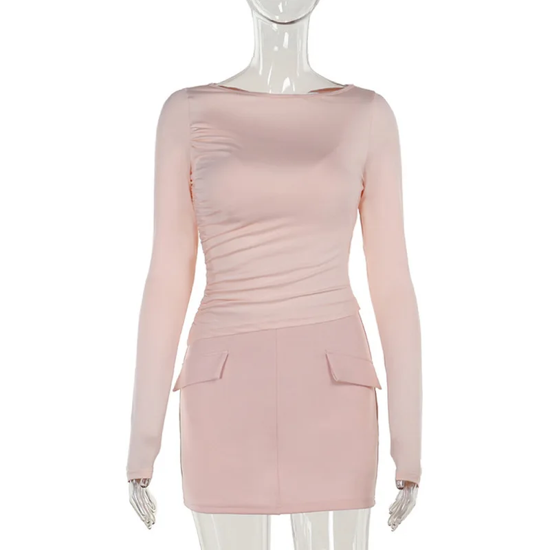 JULISSA MO Patchwork Round Neck 3 piece Sets Women Skirt Suit Pink Long Sleeve T-shirt Mini Skirt Autumn Slim Elegant Skirt Sets