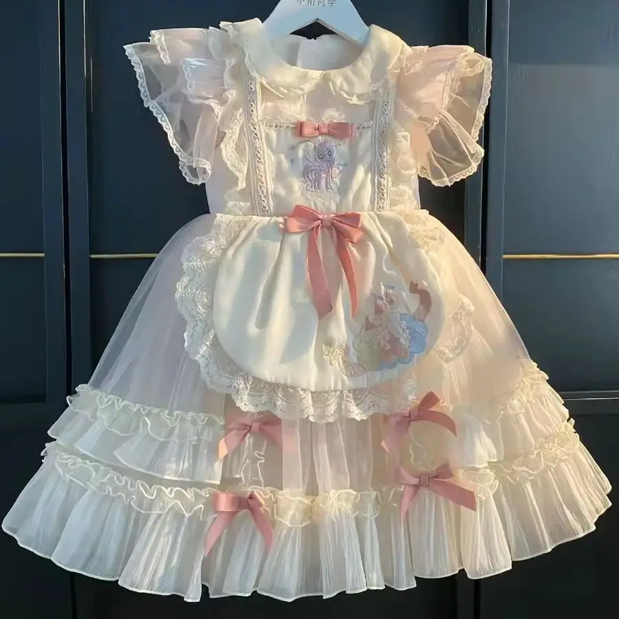 3 stücke Spanisch Kinder Prinzessin Kleid Eid Kleid Lolita Geburtstag Kleid Vitange Mädchen Maid Kleid 0-6years Blume Mädchen Kleider