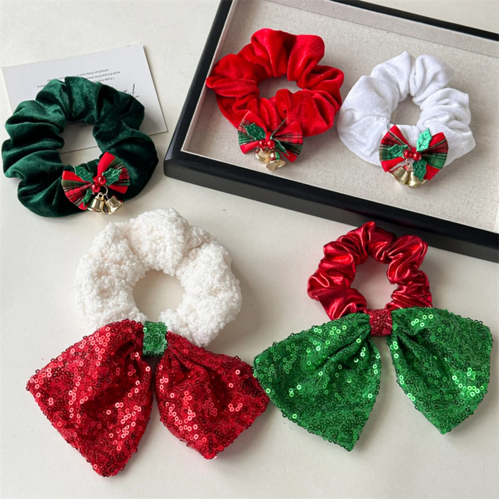 1PC Christmas Sequin Bow Scrunchies | Festive Red Green Hair Ties, Shiny Sequin Bows Hair Accessories for Women