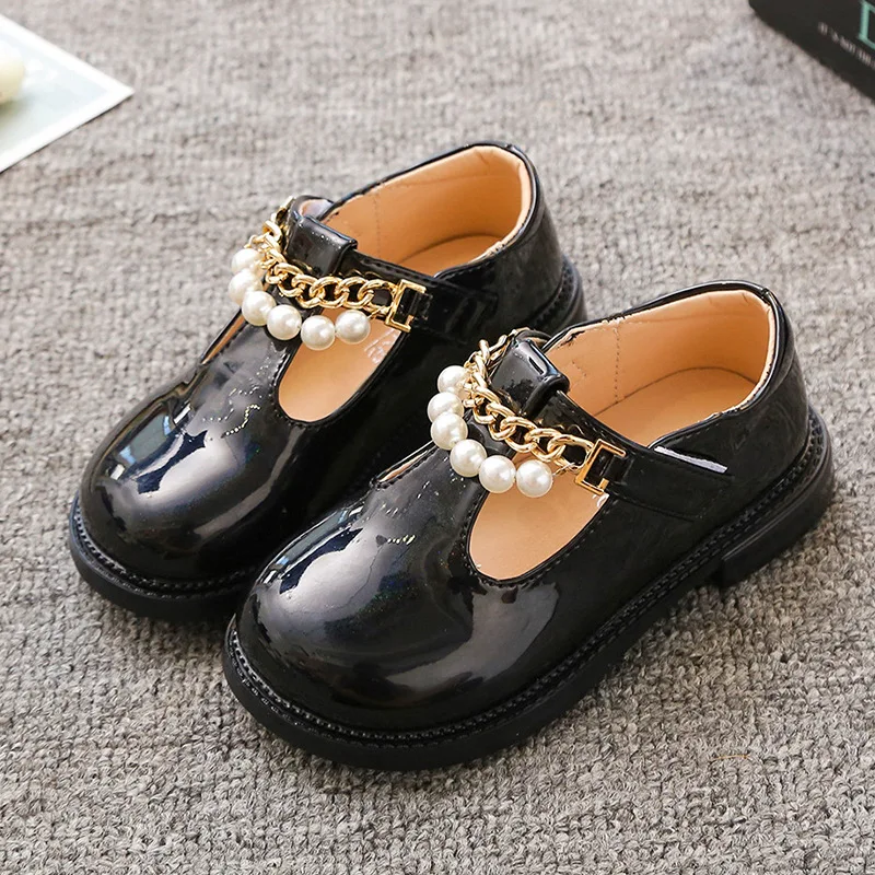

New Autumn Baby Girls Chain Princess Shoes Children Brand Pearl Flats Toddler Black Shoes Kids Dress Flats Soft Shoes Mary Jane