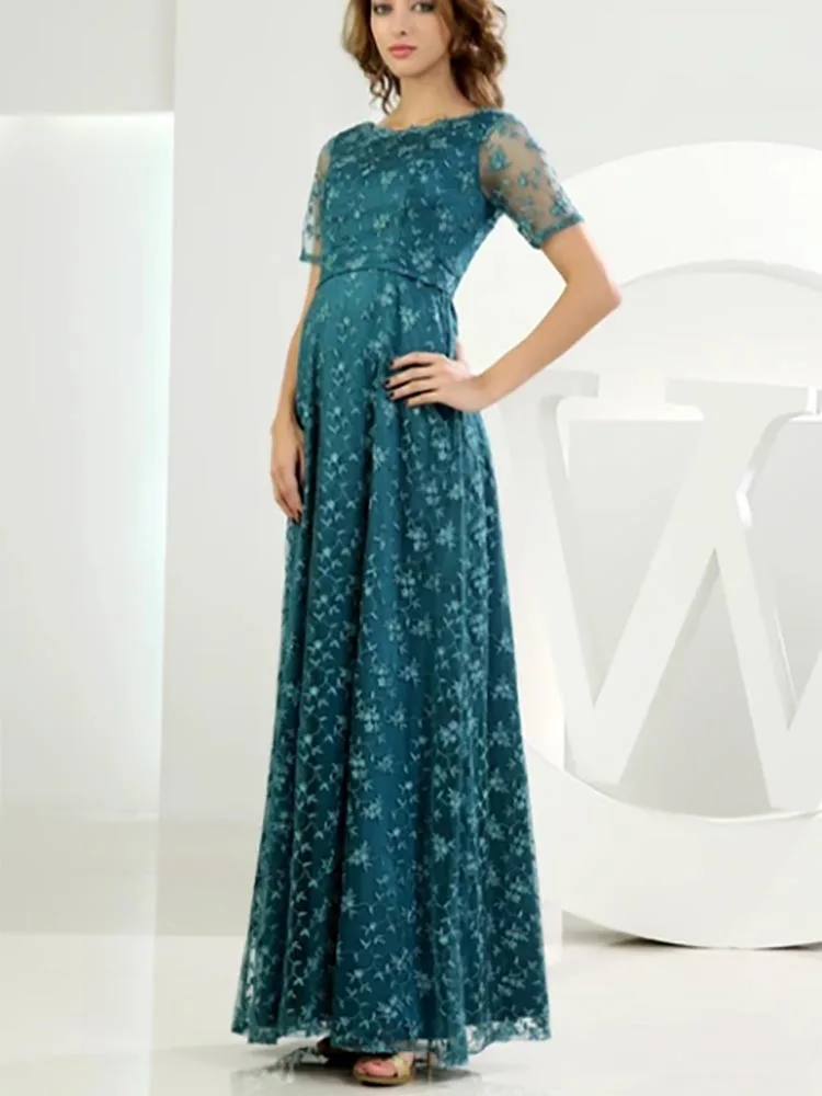 

Embroidered Short-Sleeve Long Dress With Illusion Top Woman Formal Evening Dresses Mother of the Bride Dress Occasion Formal