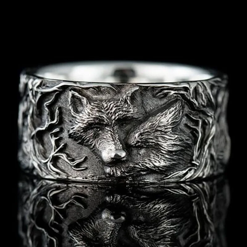 Vintage Silver Plated Wolf Rings Punk Style Animal wolf Head Ring 