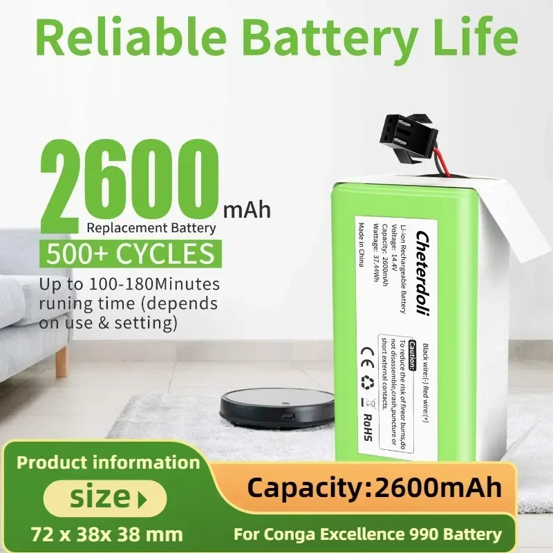

14.4V 2600mAh Li-ion Battery for Conga Excellence 950 990 1090 1790 1990 Deebot N79S N79 DN622 Eufy Robovac 11S 12 X500