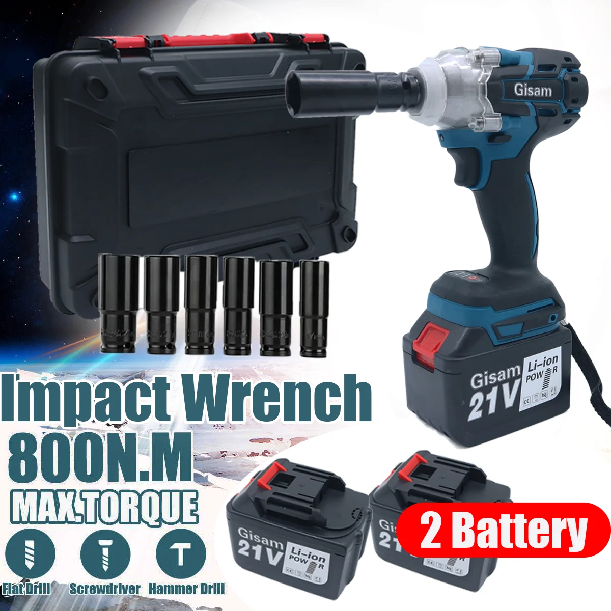 Gisam Rechargable Battery Wrench Power Tool High Torque Brushless