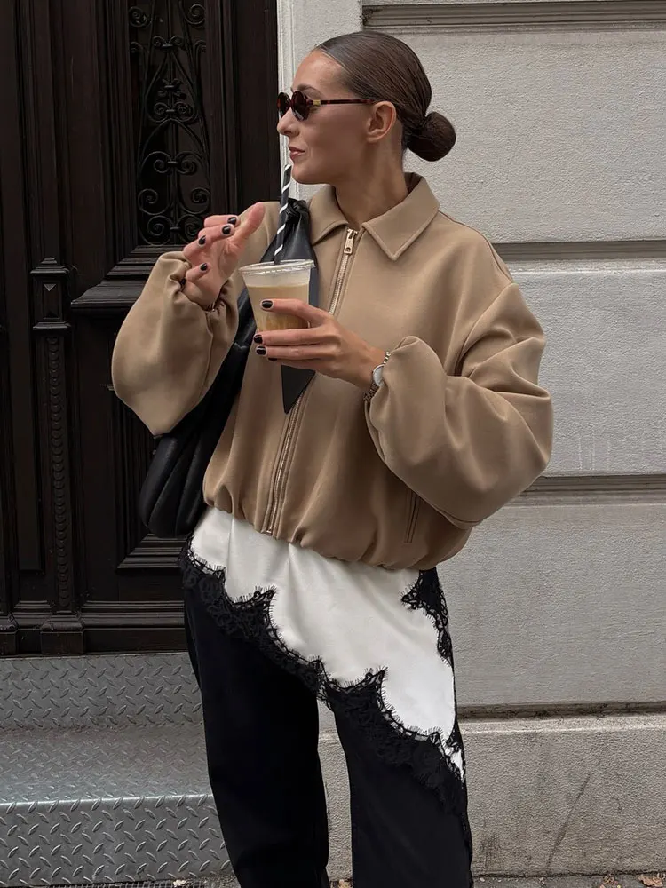 HH Autumn Jacket For Women Elegant Solid Cropped Coat Lapel Long Sleeve Zipper Bomber Jackets Casual Office Lady Basics Outwear