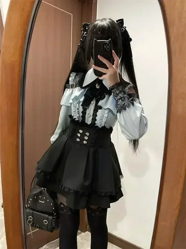 Lapel Neck Off Shoulder Long Sleeve Shirts Women+ Y2k High Waist Ruched Lace Skirts 2025 Early Autumn New Two Piece Sets 5