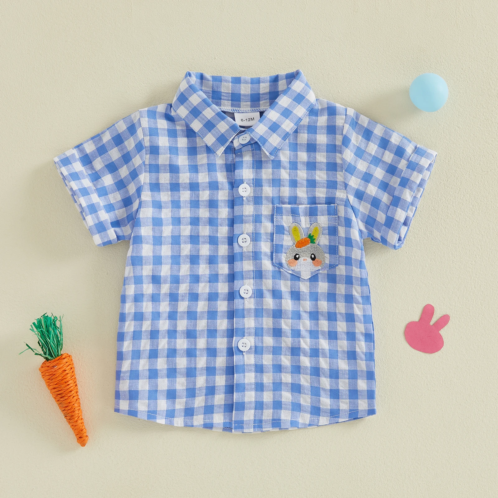 어린이용 부활절 셔츠, 단추 달린 캐주얼 토끼 자수 플래드 반팔 상의