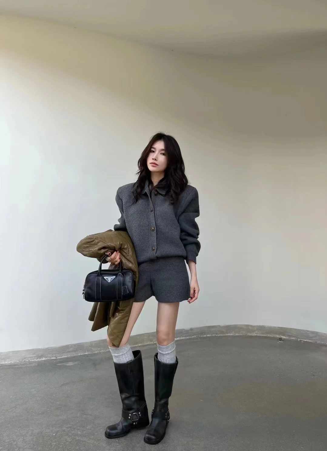 Autumn Winter New Two-piece Knitted Sets Single Breasted Sweater Top High Waist Shorts Korean Fashion Casual Outfits Solid Suit