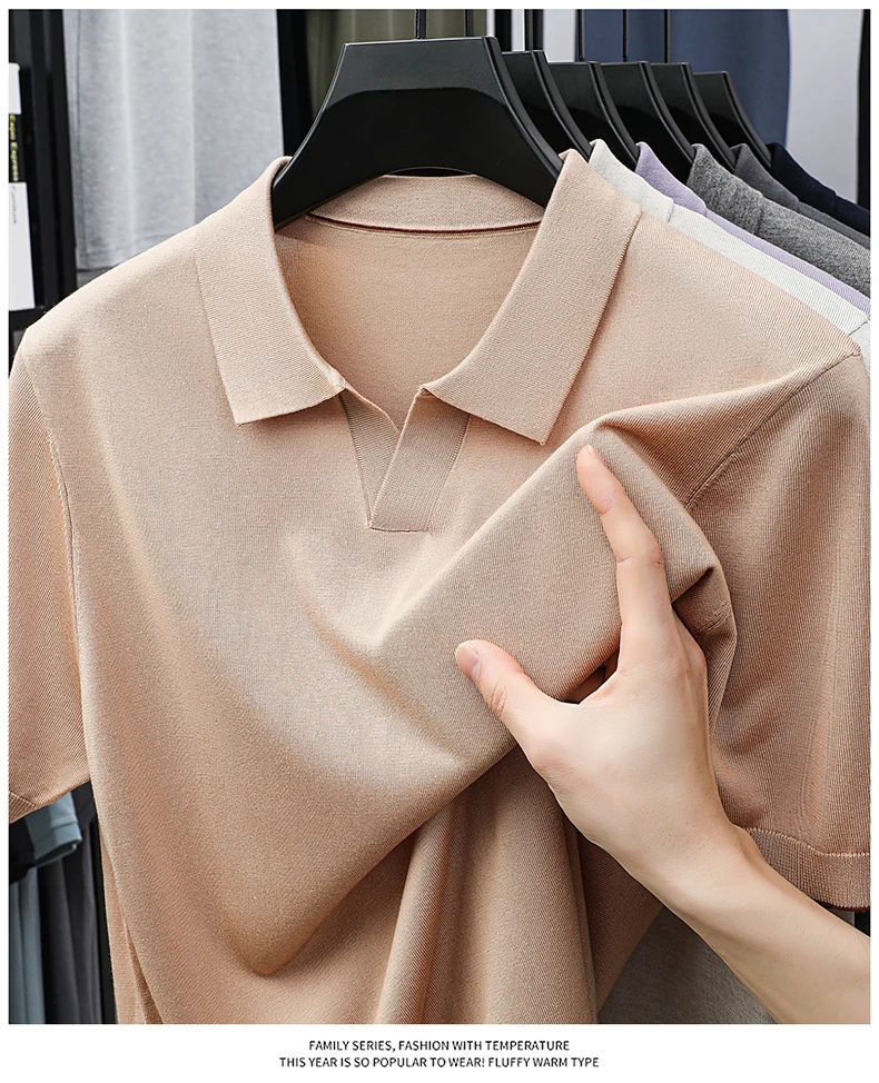 100% Lyocell Knitwear 2025 Men Spring Summer Trendy Turn Down Collar Knit Tees Short Sleeve Breathable Knit Tops