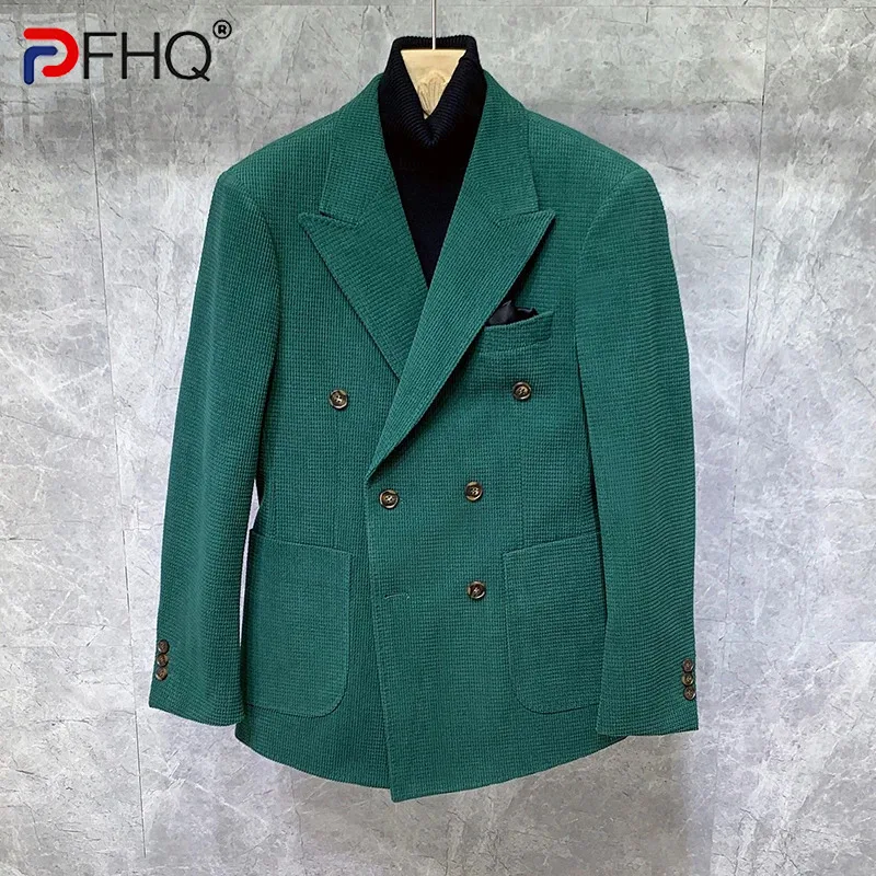 

PFHQ Autumn Men's Corduroy Double Breasted Blazer Korean Handsome Casual Solid Color Leisure Versatile Pockets Suit Coat 21Z1833