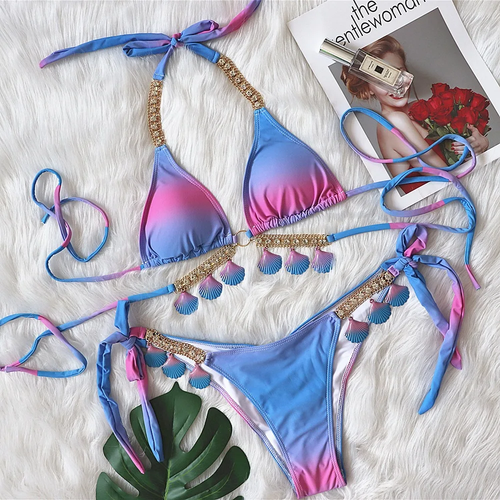 Gradient Print Women Split Swimsuit Luxury Crystal Diamond Shell Strappy Bikini Europe America Sexy Low Waist Quick Dry Swimsuit