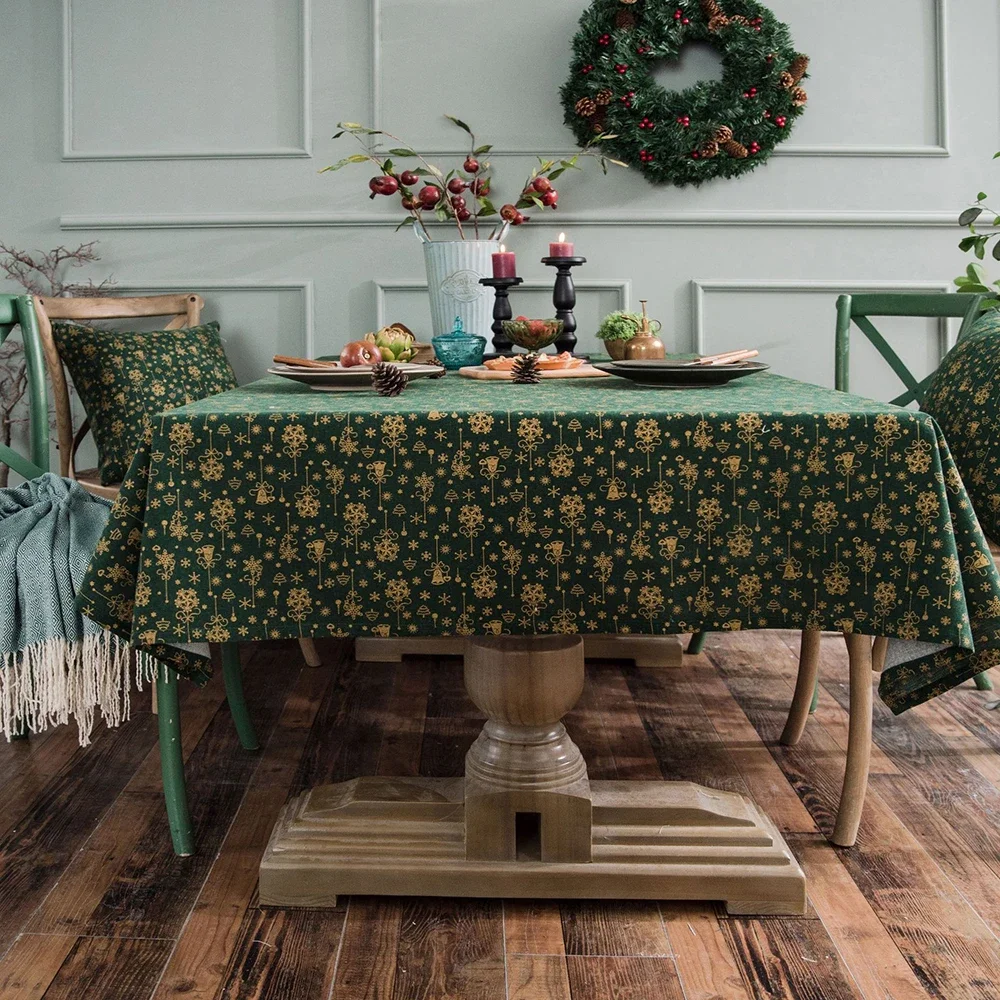 

Japan Style Linen Cotton Christmas Party Tablecloth Rectangle Green Bronzing Gold Dinning Table Cover For Home Decorative