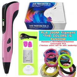 Creative Children's 3D Drawing Pen with LED Display and USB Connectivity (Pink add 200M  PLA-)