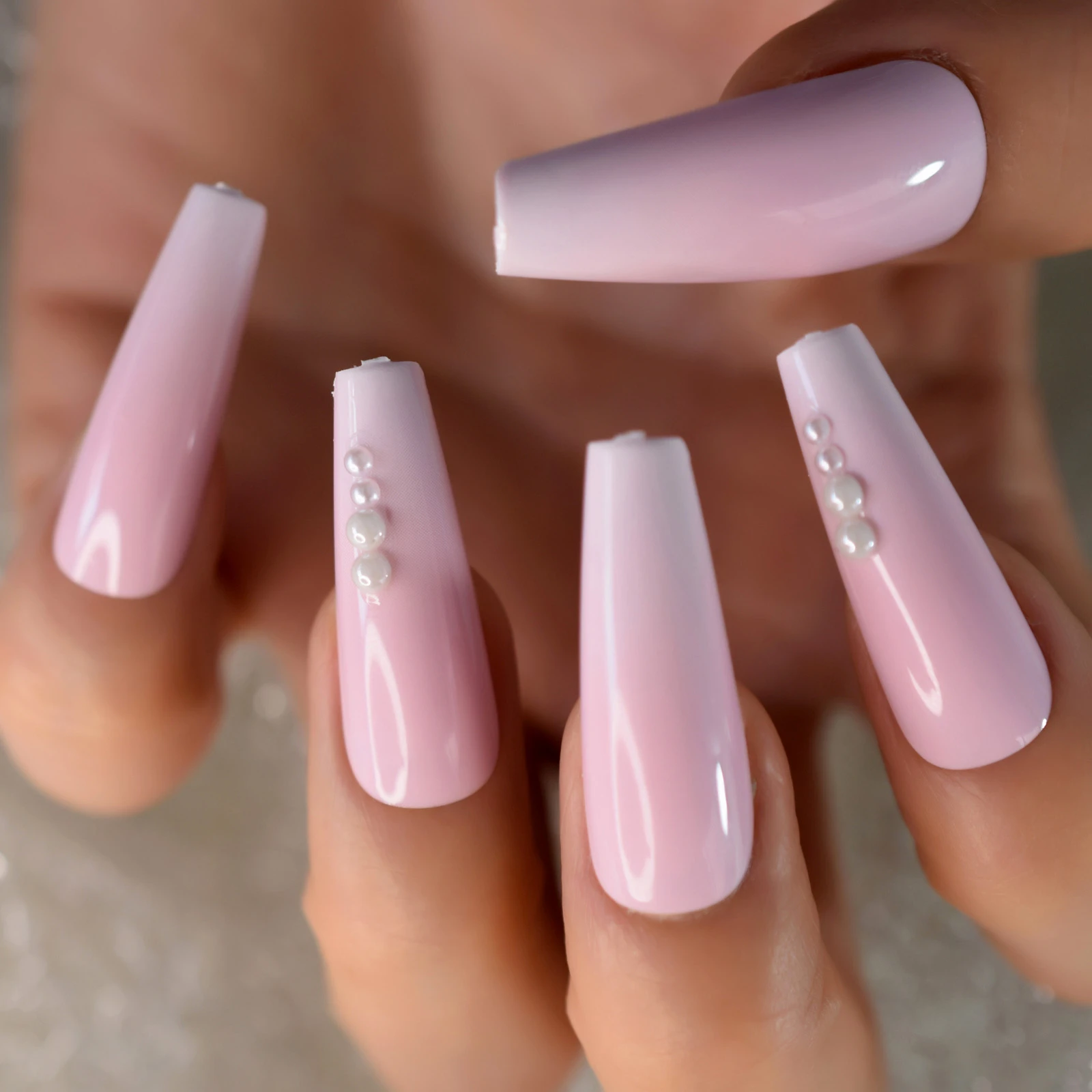 Ombre Press On Nails Extra Long Pink White Coffin Soft Pink With Pearls  Natural For Spring Gel Faux Ongles Cute Date - False Nails - Aliexpress