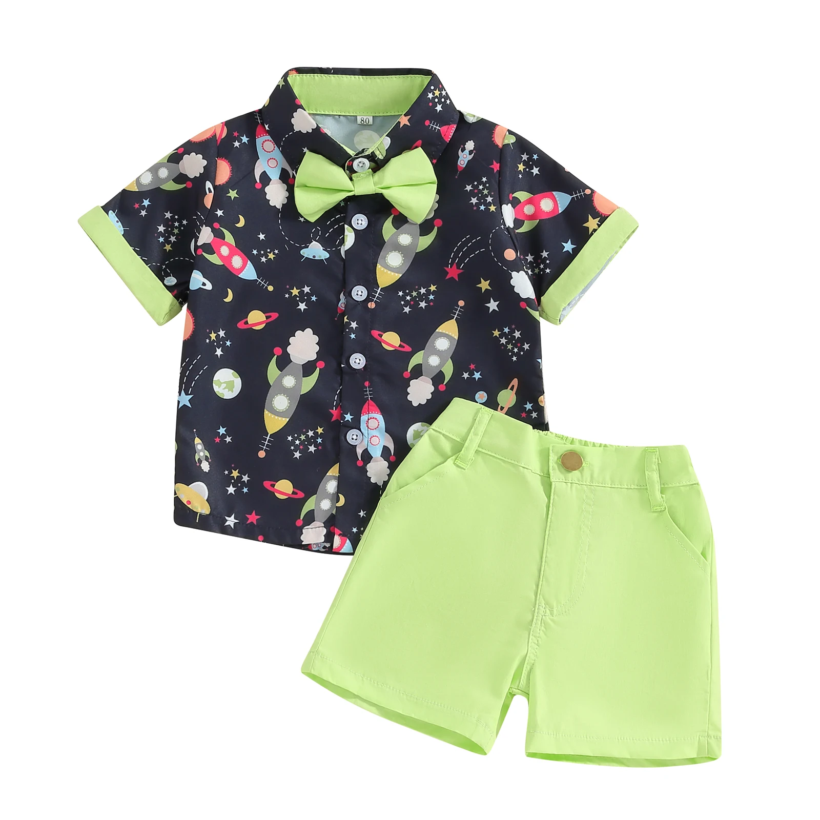 Toddler Boys Summer Shorts Sets Short Sleeve Lapel Spacecraft Print Button Shirt Green Shorts Sets