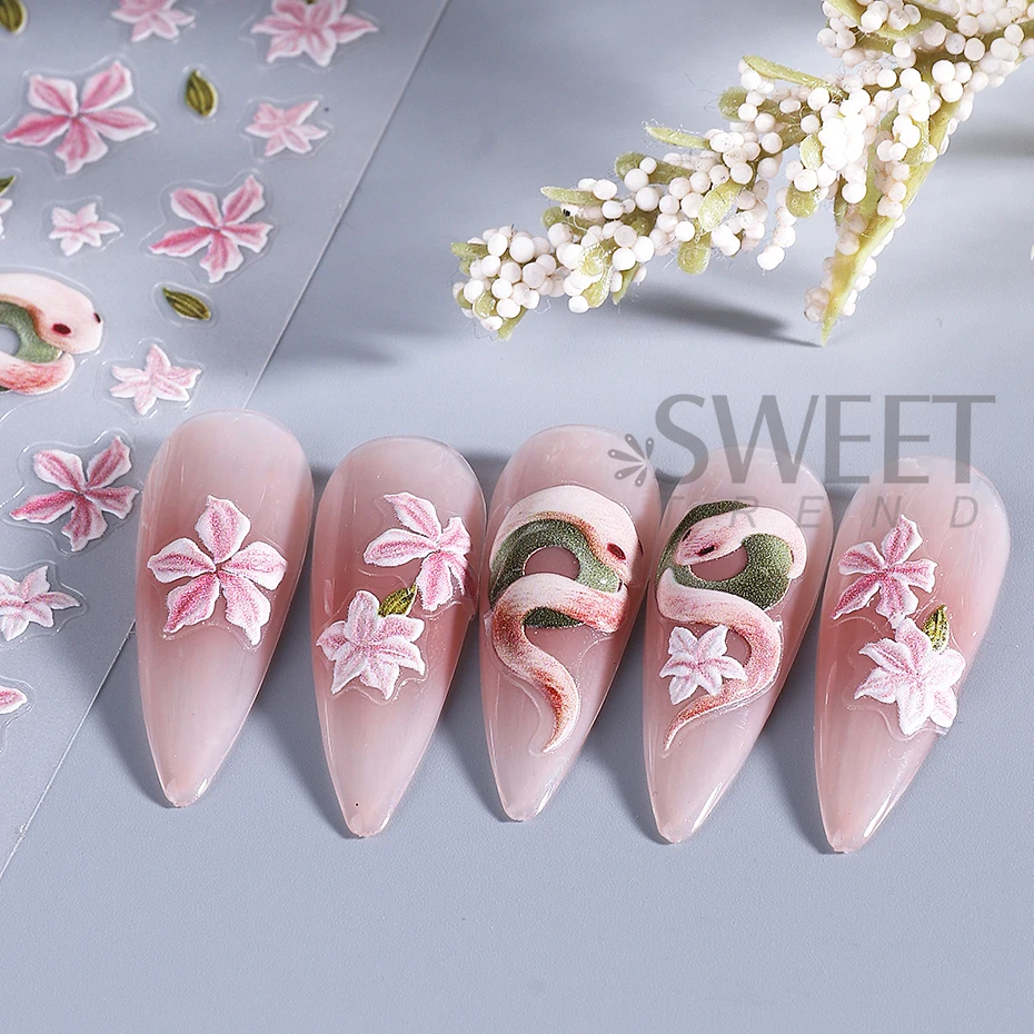 2pcs Pink Snake Embossed Nail Stickers Holographic Sakura Petal Leaf Design Adhesive Sliders DIY Nail Decals Manicure Decoration