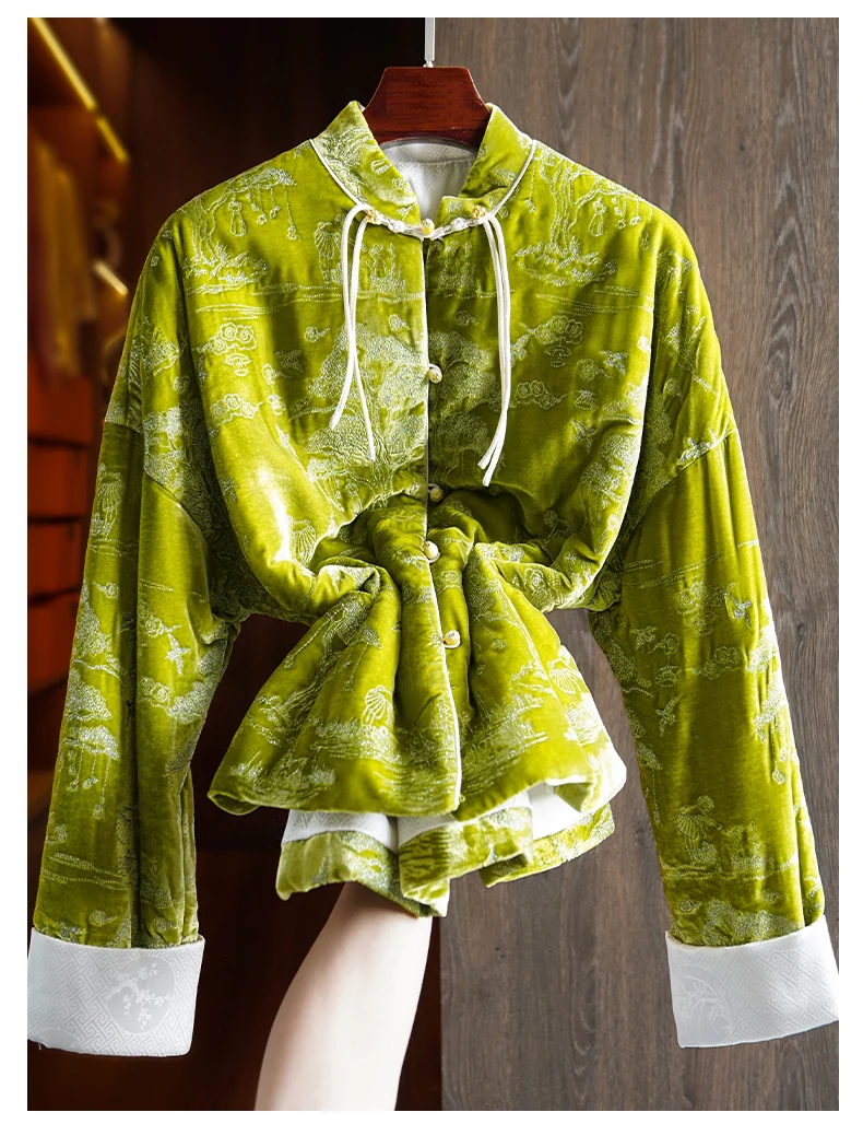 Winter Green High end Silk+Velvet Cotton Clothes Women's Retro Chinese Style Silver Thread Embroidered New Cotton Jackets S-XL