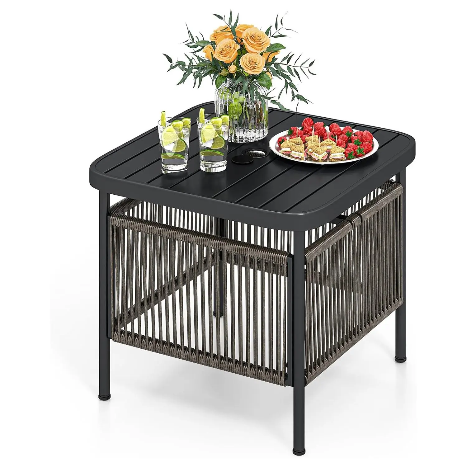 Outdoor Side Table, Weatherproof, Rattan Garden Table with Umbrella Hole, Small Balcony Table, Coffee Table for Garden, Balcony